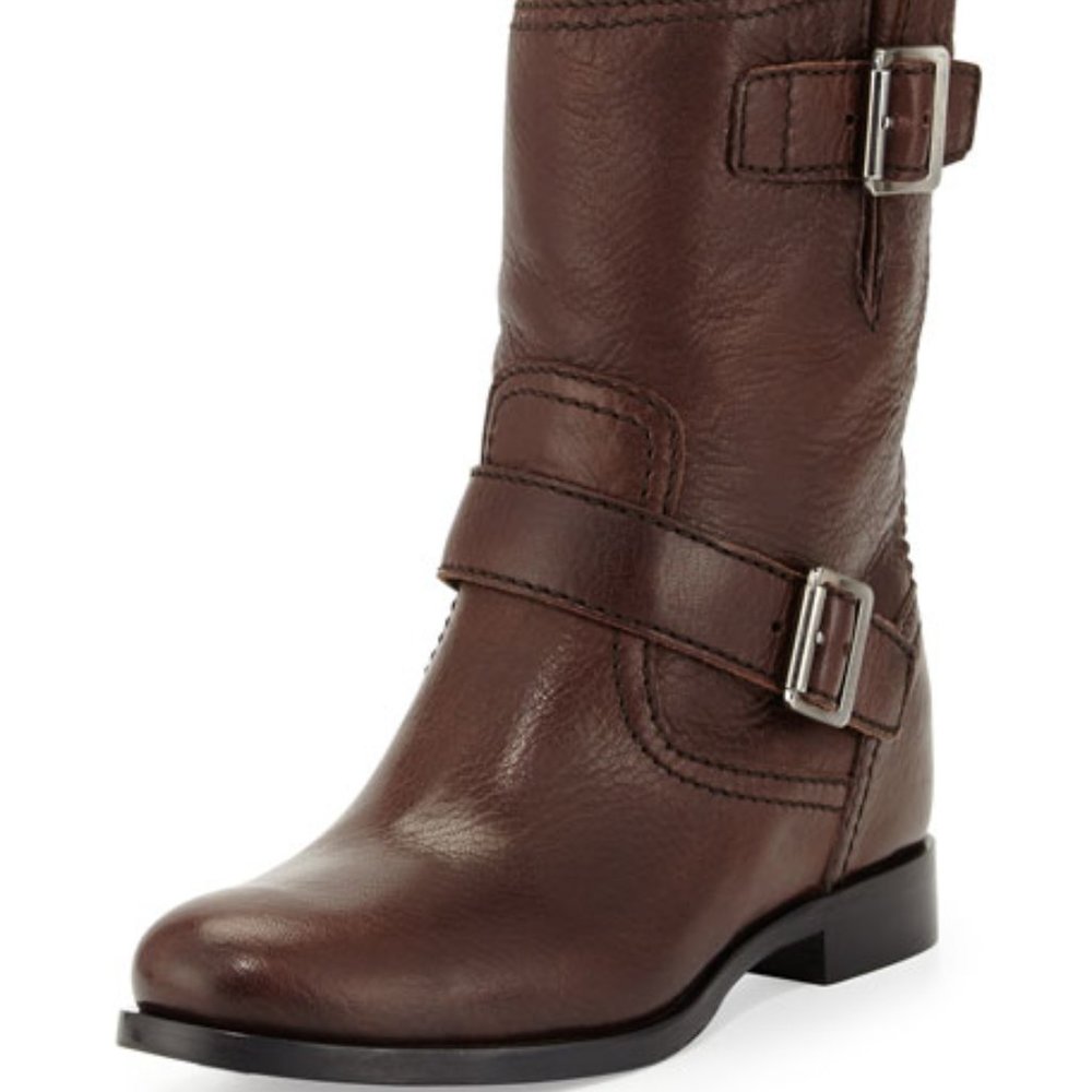 Prada Flat Double-Buckle Moto Boot in Dark Brown